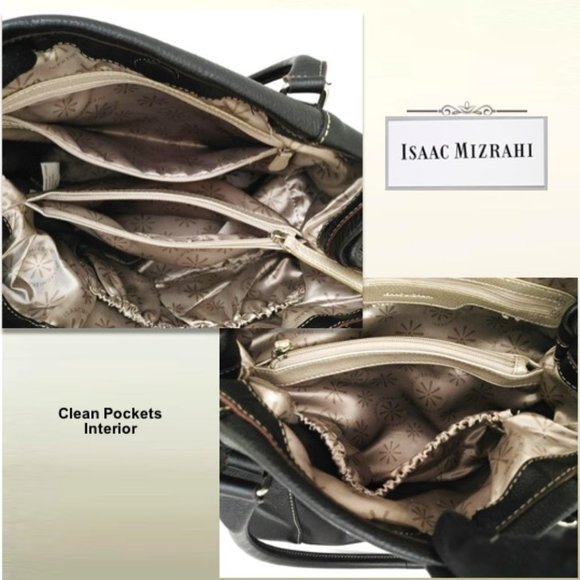 Isaac Mizrahi Black Leather Shoulder Bag Handbag Tote Satchel Magnet Drawstrings - Picture 10 of 13